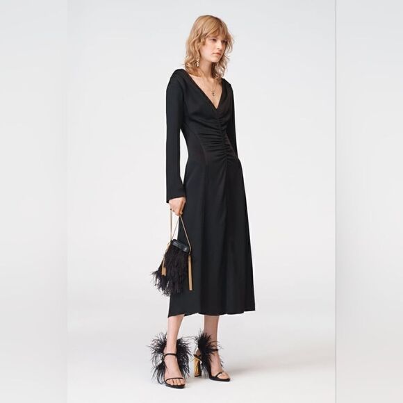 Zara Studio Ruched pleat Long Dress Limited Edition V-neck long flared sleeves - Picture 1 of 16